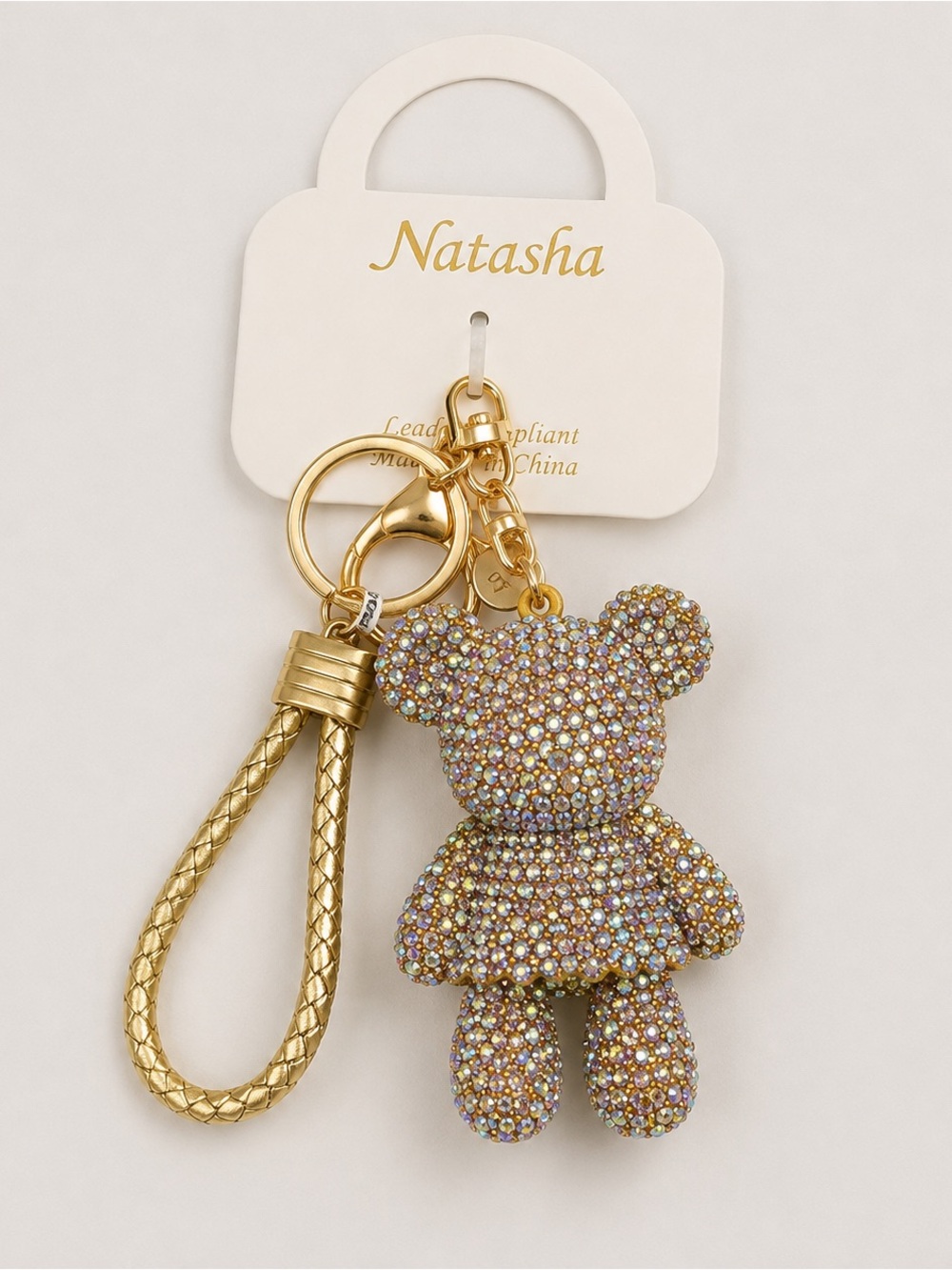 Natasha Couture Gold Teddy Bear Crystal Keychain with Braided Strap